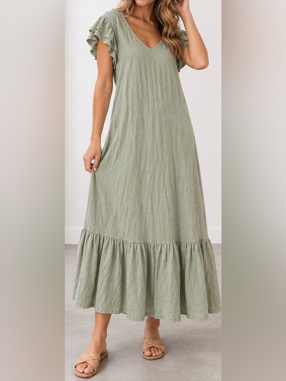 NWT Z Supply Sage Green Ruffle Sleeve Tiered Maxi Dress M